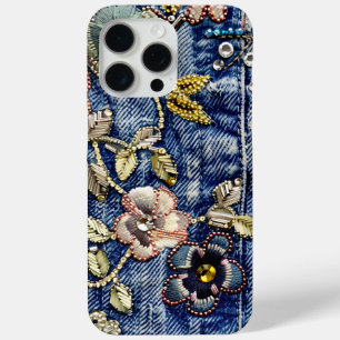 Denim Dreamland Flourish: Rhinestone-Enhanced Blue iPhone 15 Pro Max Case