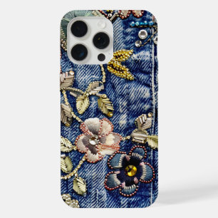 Denim Dreamland Flourish: Rhinestone-Enhanced Blue iPhone 15 Pro Max Case