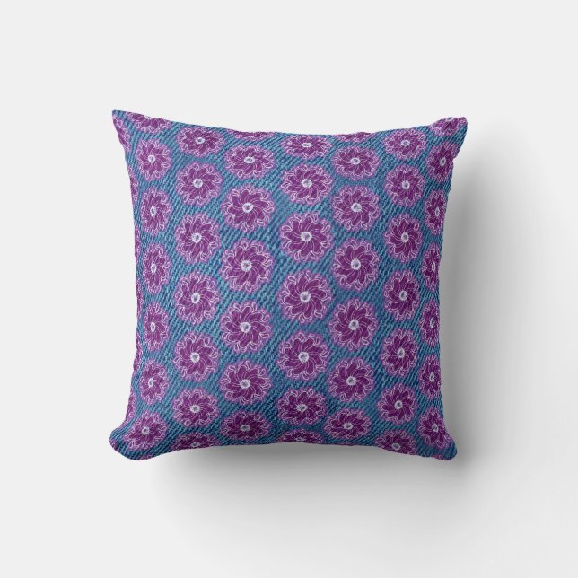 Denim effect and purple flowers blue pillow (Front)