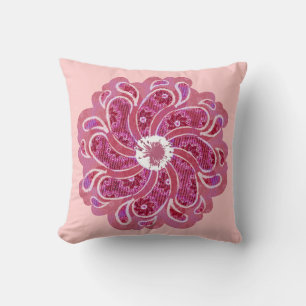 Denim effect and red pink flower pillow