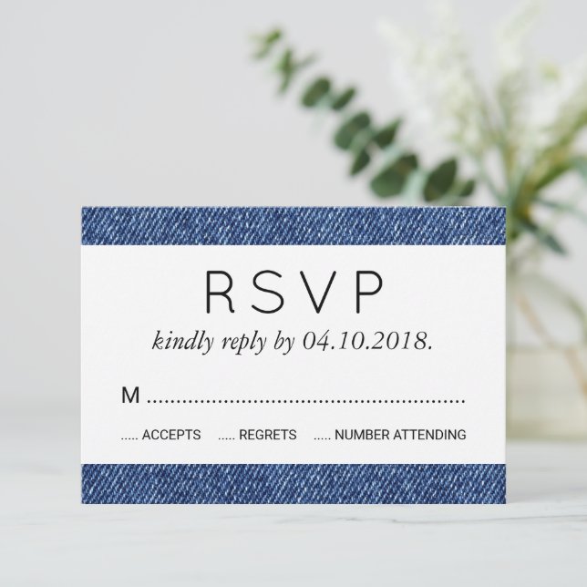 Denim Fabric, Denim Texture, Blue Denim, Wedding RSVP Card (Standing Front)
