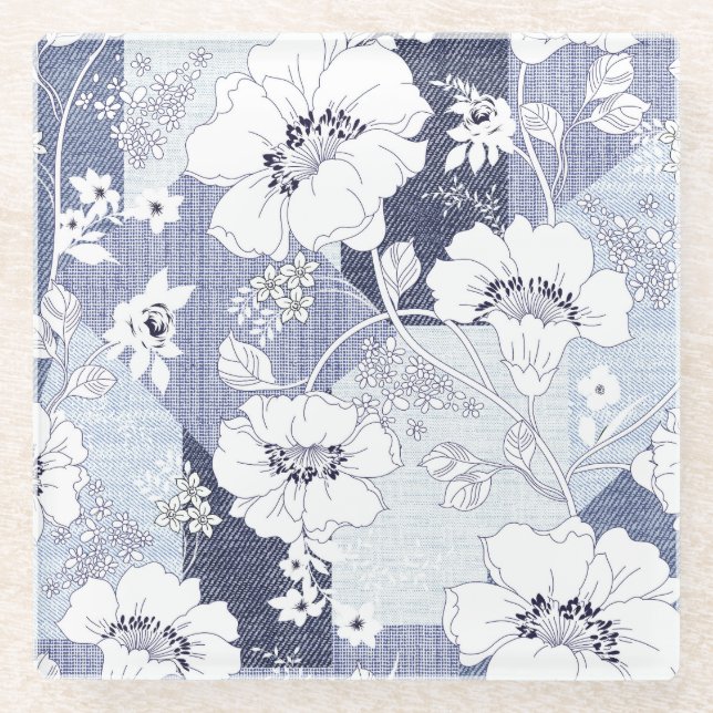 Denim flower patchwork, seamless pattern. glass coaster (Front)