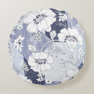 Denim flower patchwork, seamless pattern. round cushion