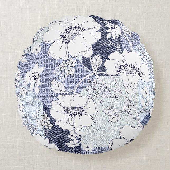 Denim flower patchwork, seamless pattern. round cushion (Front)