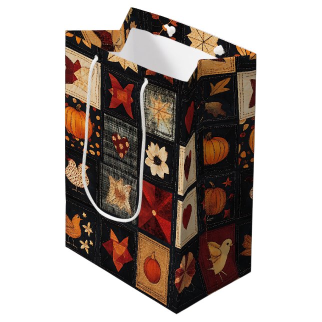 Denim Folk Art Quilt Pattern | Rustic Autumn Patch Medium Gift Bag (Front Angled)
