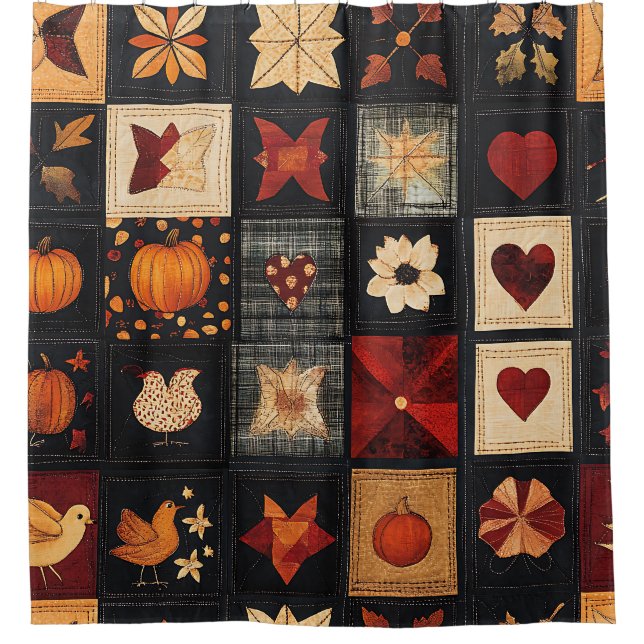 Denim Folk Art Quilt Pattern | Rustic Autumn Patch Shower Curtain (Front)