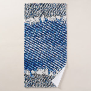 Denim frame. Ripped denim fabric with fringe edge Bath Towel