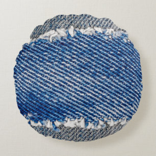 Denim frame. Ripped denim fabric with fringe edge  Round Cushion
