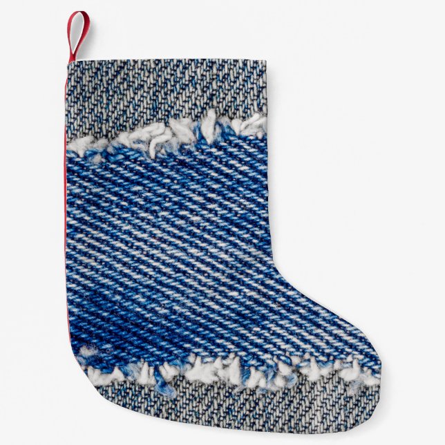 Denim frame. Ripped denim fabric with fringe edge  Small Christmas Stocking (Front)