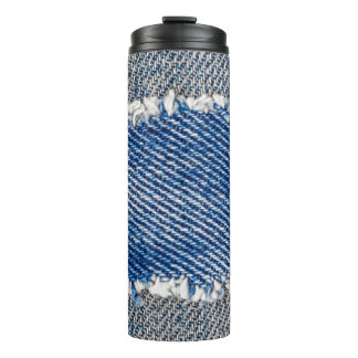 Denim frame. Ripped denim fabric with fringe edge  Thermal Tumbler