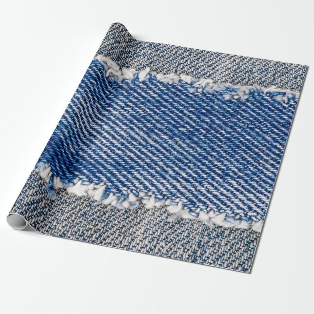 Denim frame. Ripped denim fabric with fringe edge  Wrapping Paper (Unrolled)