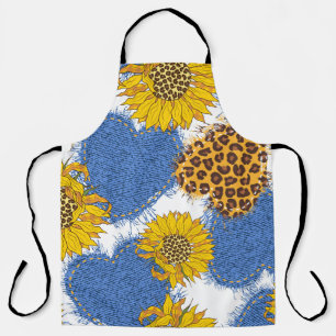 Denim Hearts Leopard Sunflowers Pattern Apron