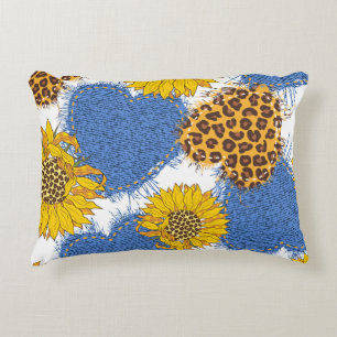 Denim Hearts Leopard Sunflowers Pattern Decorative Cushion