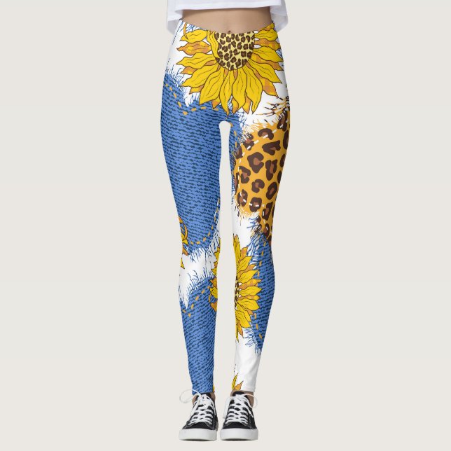 Denim Hearts Leopard Sunflowers Pattern Leggings (Front)