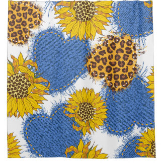 Denim Hearts Leopard Sunflowers Pattern Shower Curtain