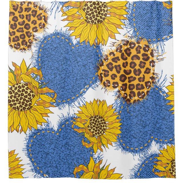 Denim Hearts Leopard Sunflowers Pattern Shower Curtain (Front)