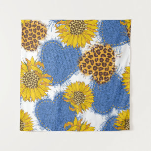 Denim Hearts Leopard Sunflowers Pattern Tapestry