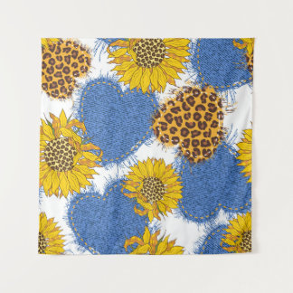 Denim Hearts Leopard Sunflowers Pattern Tapestry
