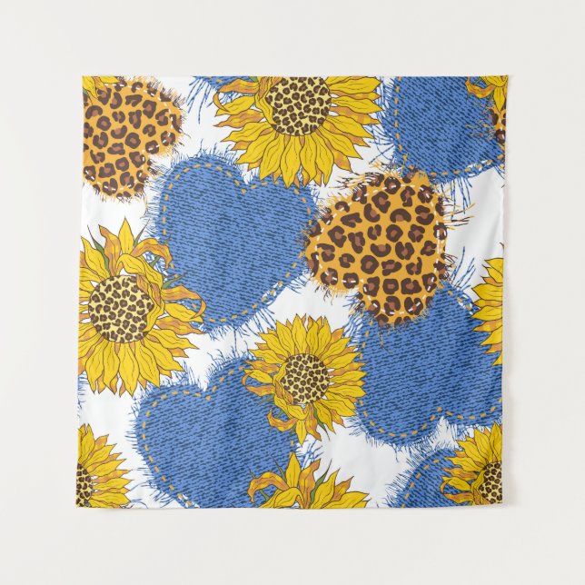 Denim Hearts Leopard Sunflowers Pattern Tapestry (Front)