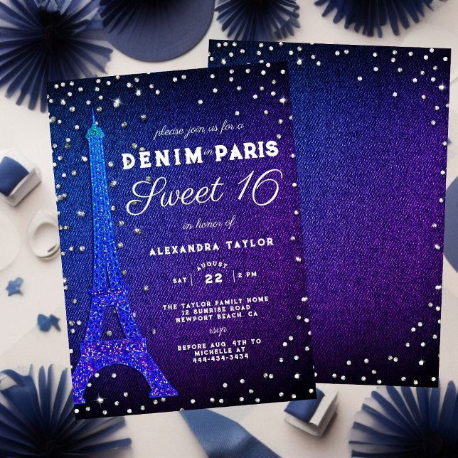 Denim in Paris Glitter Elegant Purple Sweet 16 Invitation (Creator Uploaded)