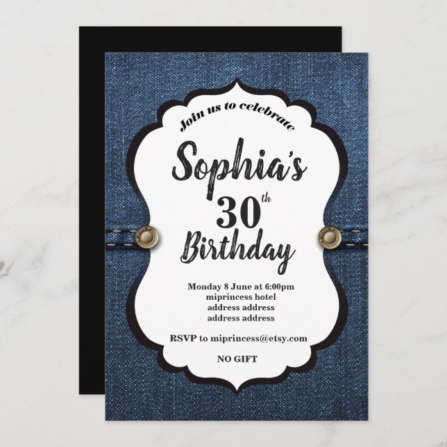 Denim Invitation , birthday party (Front/Back)