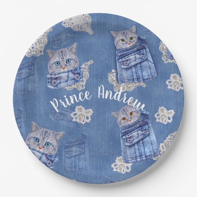 Denim Jean pockets,Kittens and Lace Paper Plate (Front)