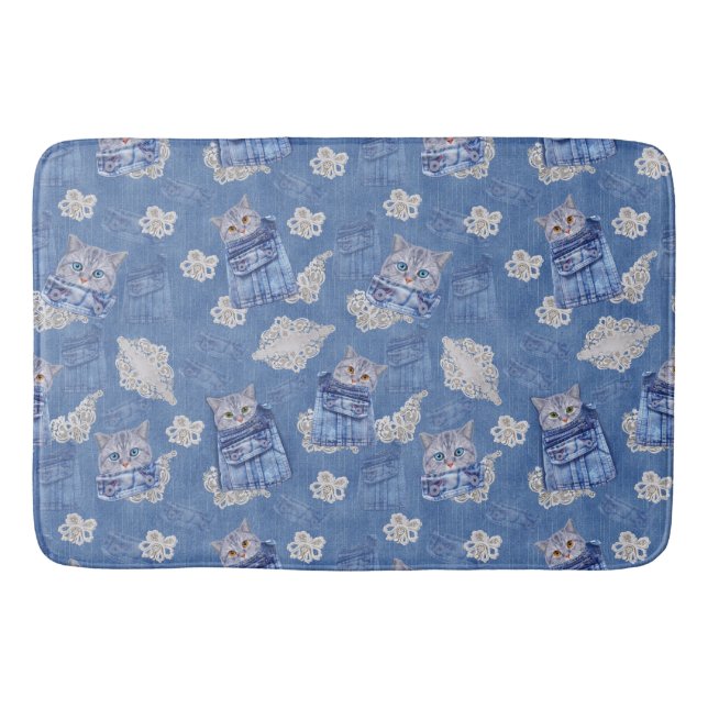 Denim Jean pockets,Kittens and Lace Repeat Pattern Bath Mat (Front)