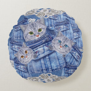 Denim Jean pockets,Kittens and Lace Round Cushion