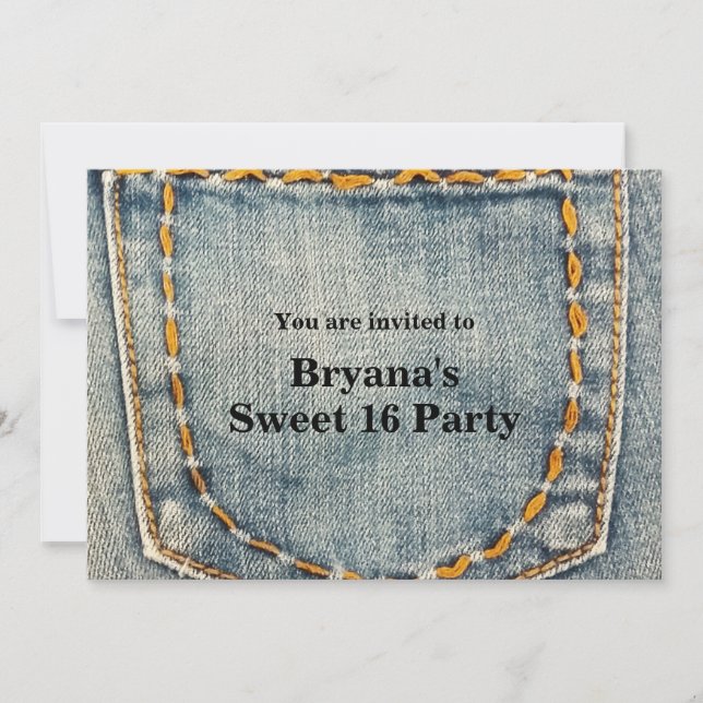 Denim Jean Stitched Pocket Birthday Party Invitation (Front)