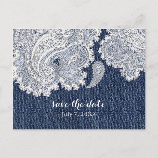 Denim Jean & White Lace Elegant Bridal Wedding Announcement Postcard (Front)