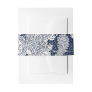 Denim Jean & White Lace Elegant Bridal Wedding Invitation Belly Band