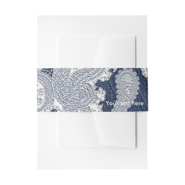 Denim Jean & White Lace Elegant Bridal Wedding Invitation Belly Band (Front Example)