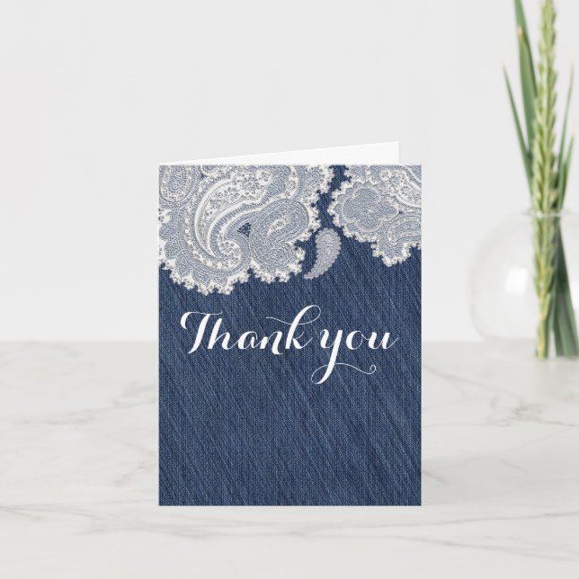 Denim Jean & White Lace Elegant Bridal Wedding Thank You Card (Front)