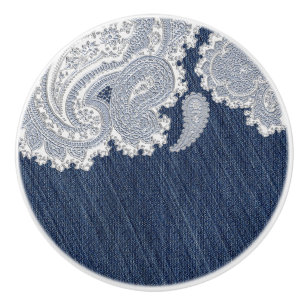 Denim Jean & White Lace Elegant Country Western Ceramic Knob