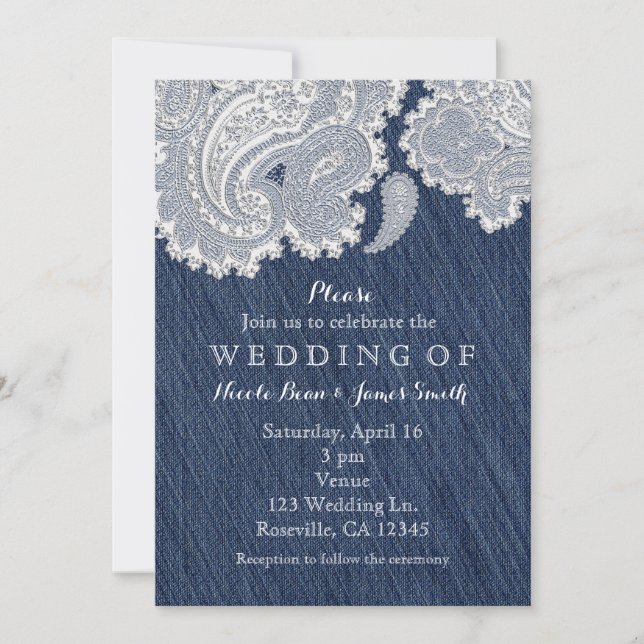 Denim Jean & White Lace Wedding Invitations (Front)