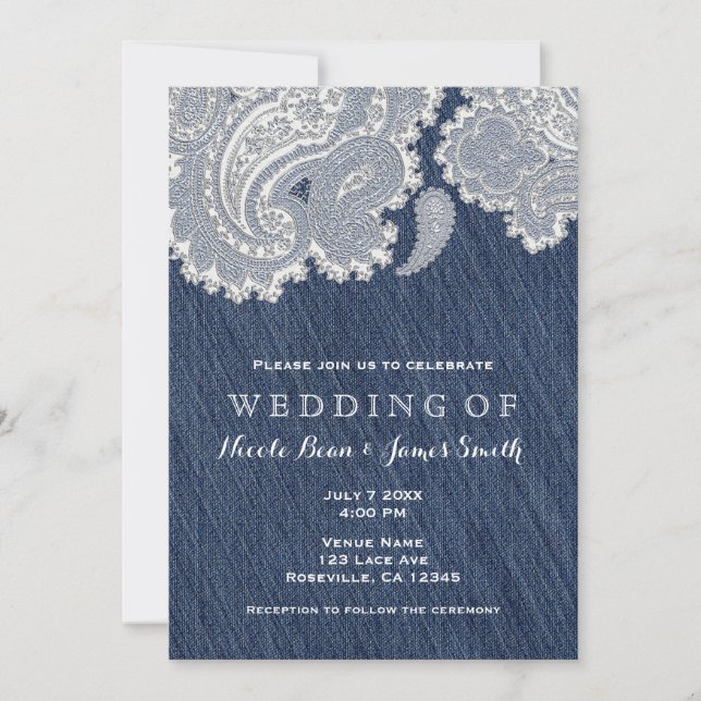 Denim Jean & White Lace Wedding Invitations (Front)