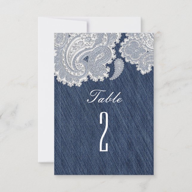 Denim Jean & White Lace Wedding Table Numbers (Front)