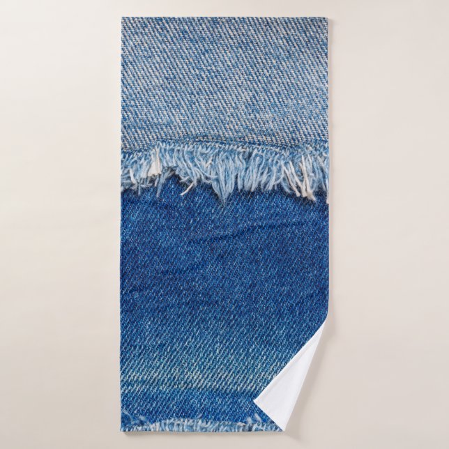 Denim jeans background. Ripped denim fabric with b Bath Towel (Bath Towel)