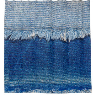 Denim jeans background. Ripped denim fabric with b Shower Curtain