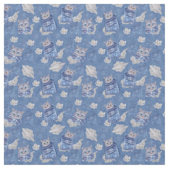 Denim Jeans with Kittens and Lace Repeats Fabric (Close Up)