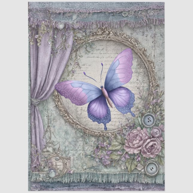 Denim & Lace Floral Fantasy Butterfly Decoupage Tissue Paper (Front)