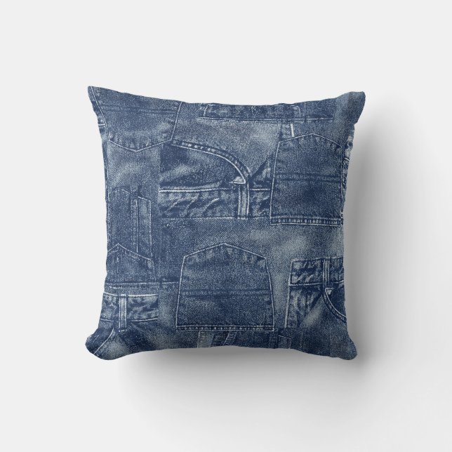 Denim material in a patchwork pocket pattern. cushion (Front)