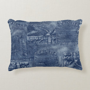 Denim material in a patchwork pocket pattern. decorative cushion