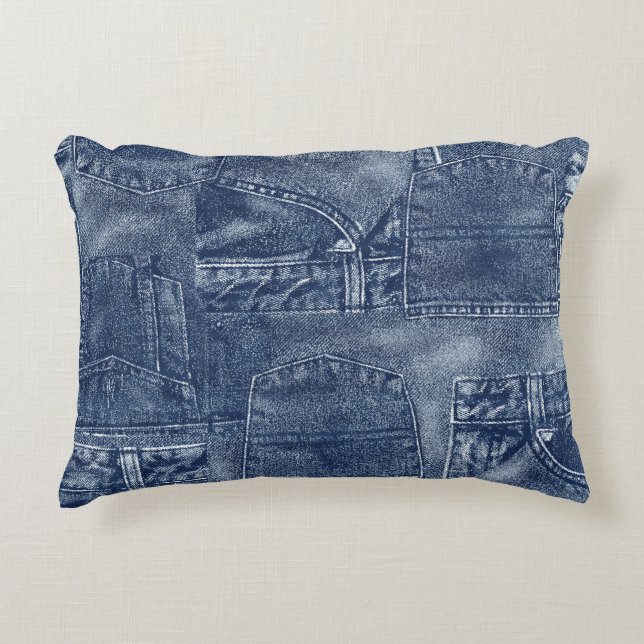 Denim material in a patchwork pocket pattern. decorative cushion (Front)