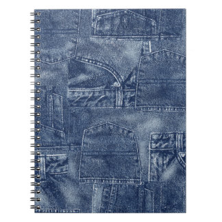 Denim material in a patchwork pocket pattern. notebook