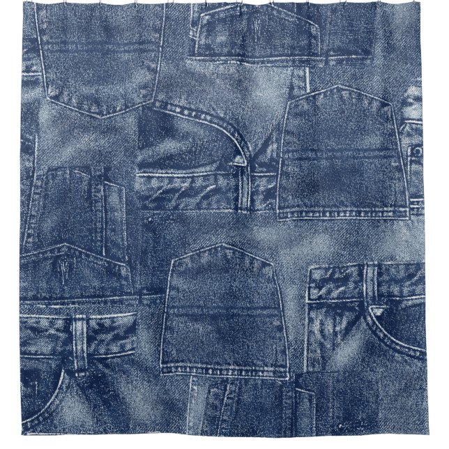 Denim material in a patchwork pocket pattern. shower curtain (Front)