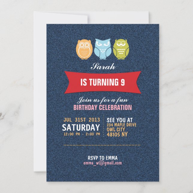 Denim Owl Cartoon Birthday Invitation for Kids (Front)