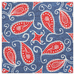 Denim Paisley Cute Floral Red White and Blue Jeans Fabric