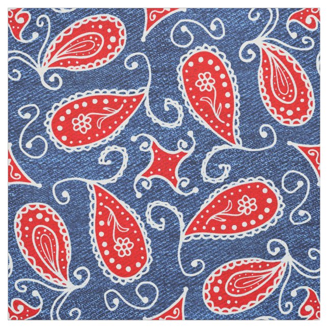 Denim Paisley Cute Floral Red White and Blue Jeans Fabric (Swatch)