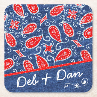Denim Paisley Cute Floral Red White and Blue Jeans Square Paper Coaster